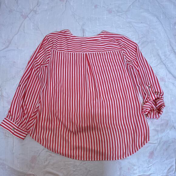 Chicos Blouse Womens Size 2 Large Tie Front Roll Tab Vee Neck Coral White Stripe - Picture 16 of 16